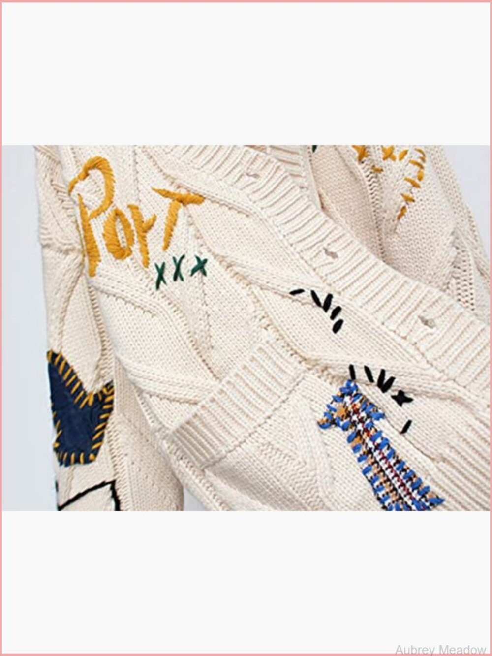 Womens Cable Knit Embroidery Patchwork Cardigan V Neck Long Sleeve Open Front - Picture 4 of 5
